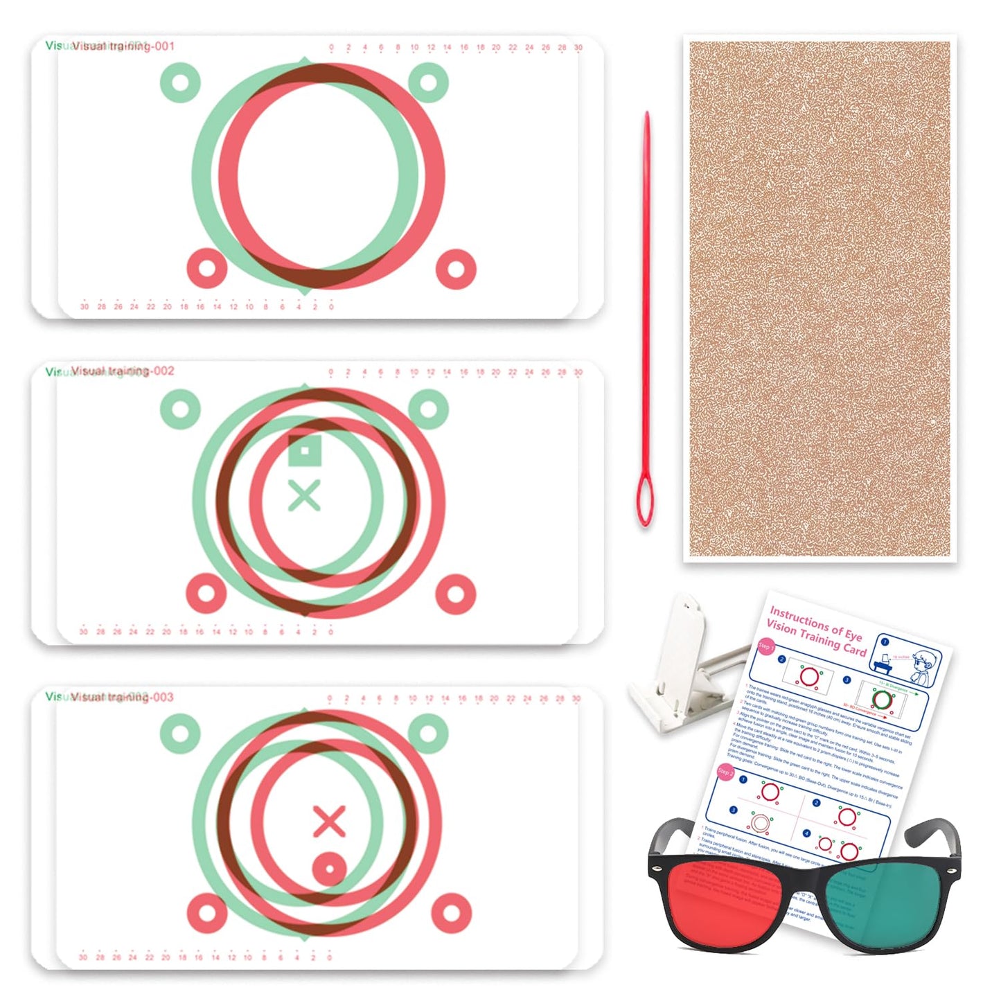 LAIDOLAILA Vision Training Convergence & Divergence Kit – 6 Red Green Variable Fusion Cards with Red Green Glasses, Pointer and Stand – Binocular Exercise & Stereopsis Practice for Home Use