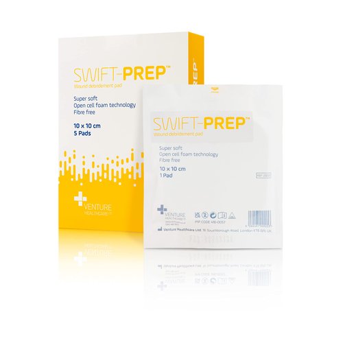 Swift-Prep Wound Debridement Pad - 10cm x 10cm - Pack of 5 - Super Soft - Fibre Free - Highly Absorbent - Non-Adhesive - Foam Dressing