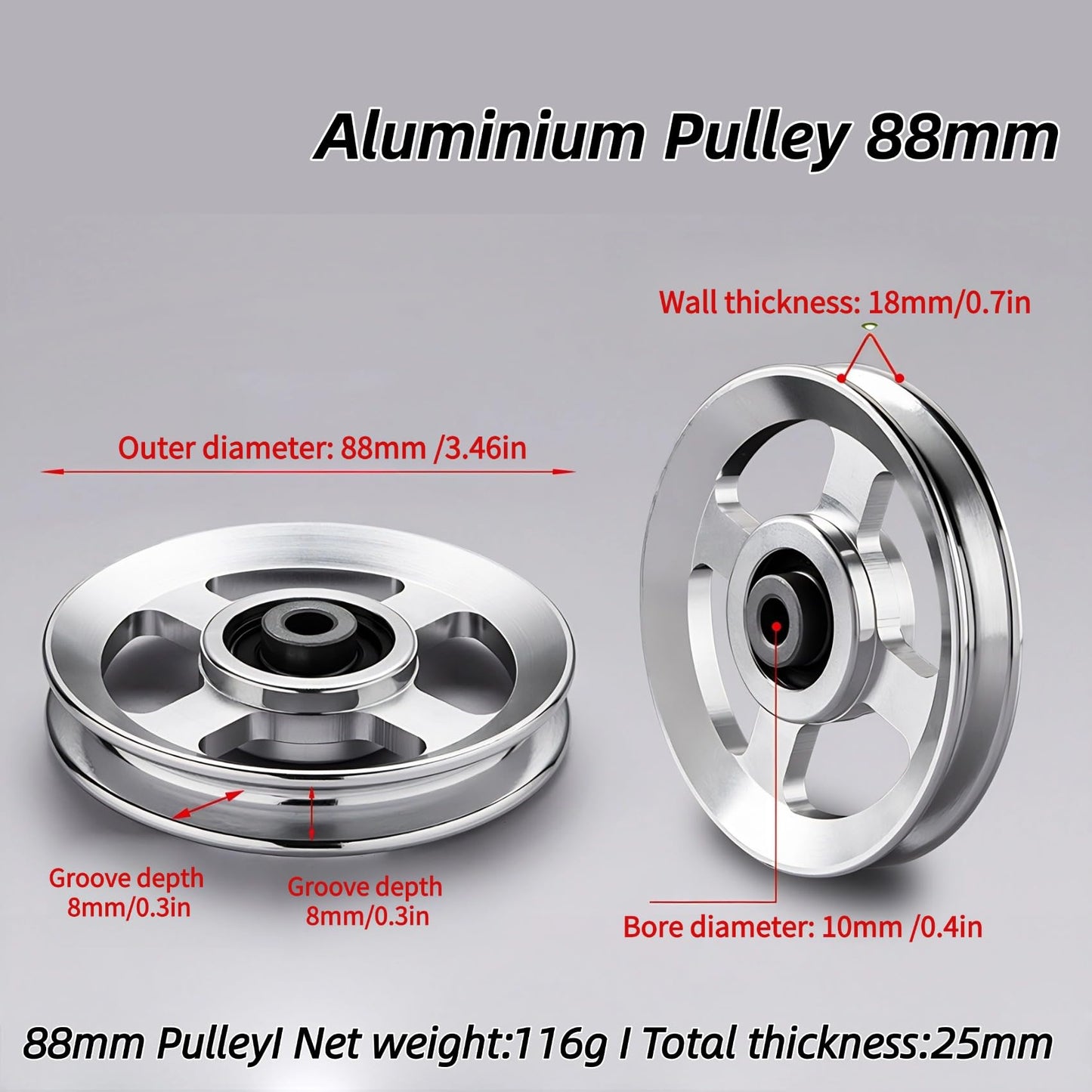 Ezweiji Aluminum Pulley Wheel, 88-90mm Universal Aluminum Alloy Bearing Pulley Wheel for Cable Machine Gym Equipment Part Garage Door