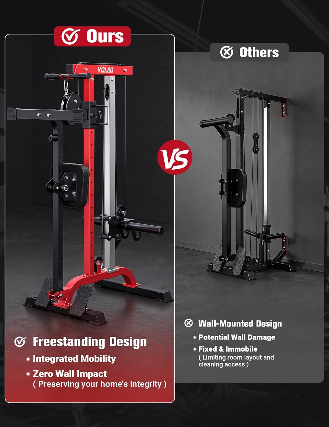 YOLEO Power Cage - Smooth Dual Pulley System | 1700LBS Adjustable Cable Crossover for Home Gym