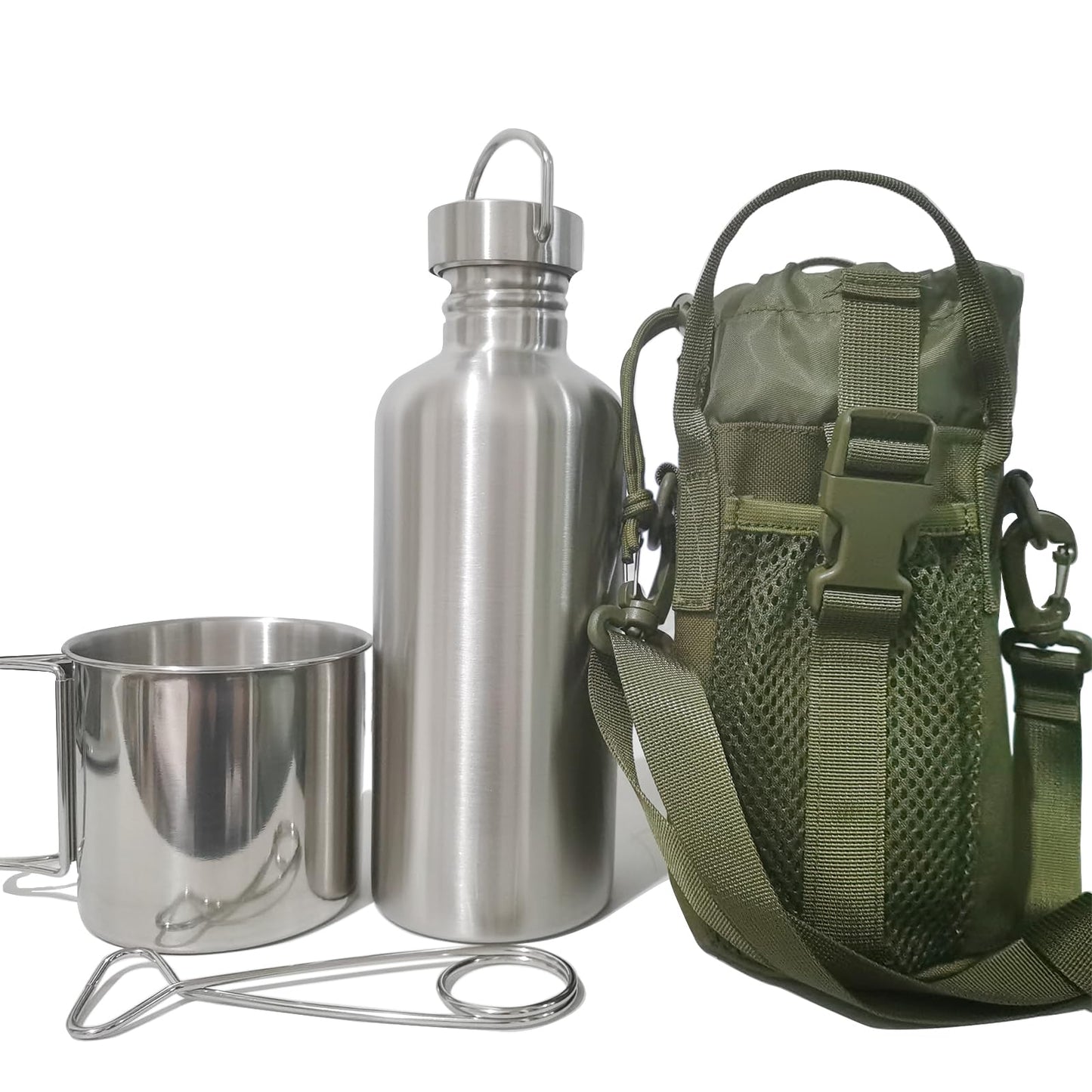 Dumatc Survivor 3-in-1 Outdoor Canteen - 42oz Single Wall Water Bottle with 24oz Nesting Camping Cup & Carrying Bag | 18/8 Stainless Steel | Wide Mouth Design | Outdoor Survival Bushcraft Gear
