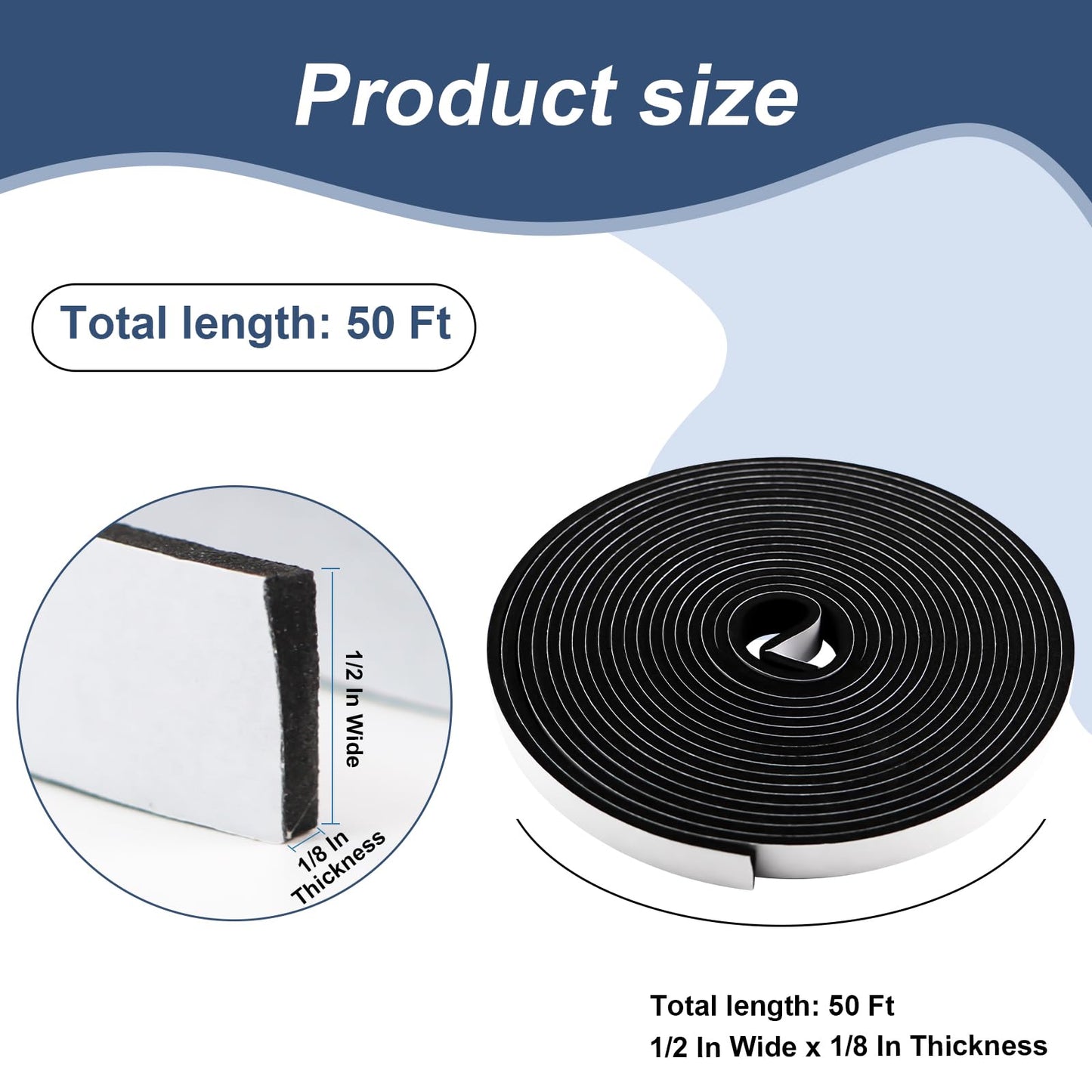 Weather Stripping Door Seal Foam Tape for Doors Windows 1/2 Inch W x 1/8 Inch T 50 FT Strong High Density Foam Insulation Strips Adhesive Tape