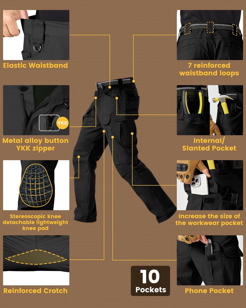 PandaVoy Men's Stretch Tactical Work Pants with Removable Knee Pads, Water-Resistant Ripstop Cargo Pants for Outdoor & Hiking Lightweight Slim Fit Black 32,30