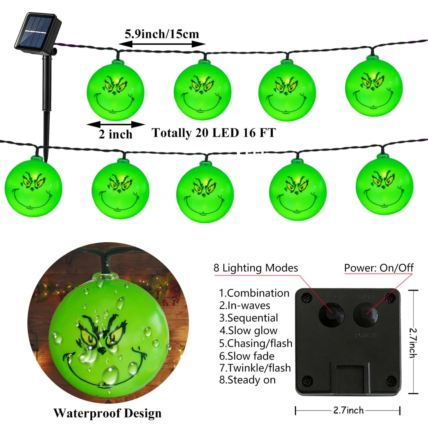 Lushangshou Outdoor Grinch Christmas Decorations Solar Christmas Lights, 20 LED 16Ft Waterproof Grinch Christmas String Lights for Christmas Tree Outside Garden Patio Yard Garland Holiday Party Decor