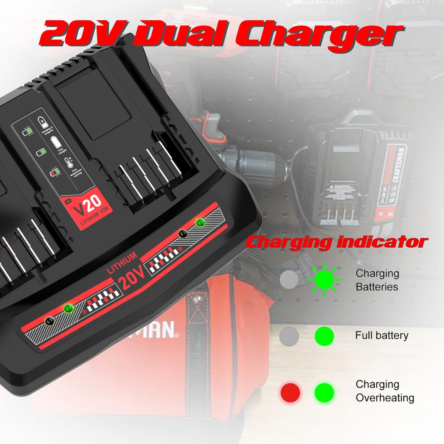 AYTXTG 2Pack 6500mAh V20 Batteries for Craftsman 20V Max Battery CMCB202 CMCB204 CMCB206 + Dual Charger for Craftsman V20 Fast Charger