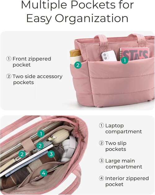 BAGSMART Tote Bag for Women - Lightweight Puffy Shoulder Handbag with Compartments for Travel & Work