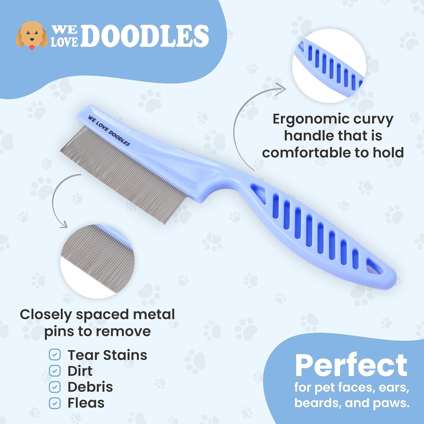 We Love Doodles Dog Face Comb - Fine Tooth Flea & Tearstain Remover for Poodles | Grooming Brush for All Breeds