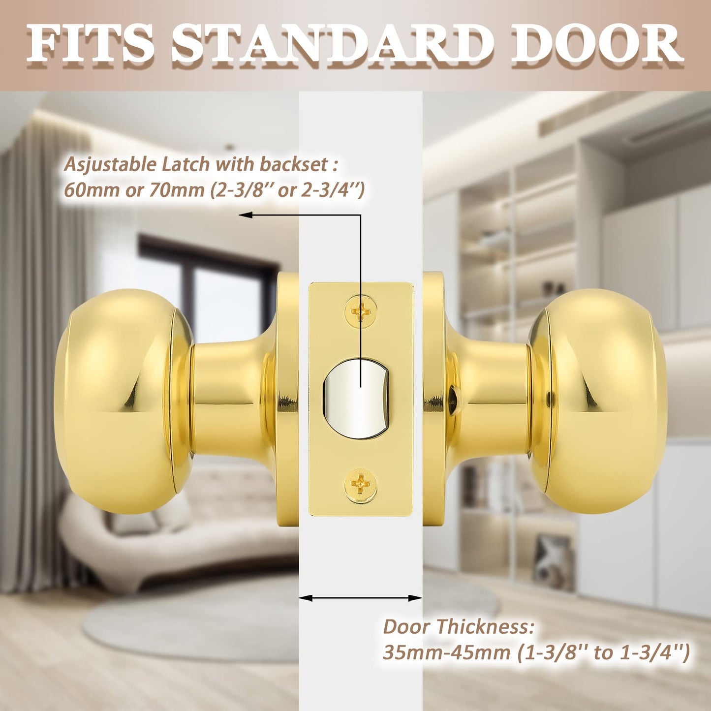 Probrico Round Door Knobs Passage Lock Polished Brass for Closet Hallway Passage Handle Keyless Lockset 10 Pack