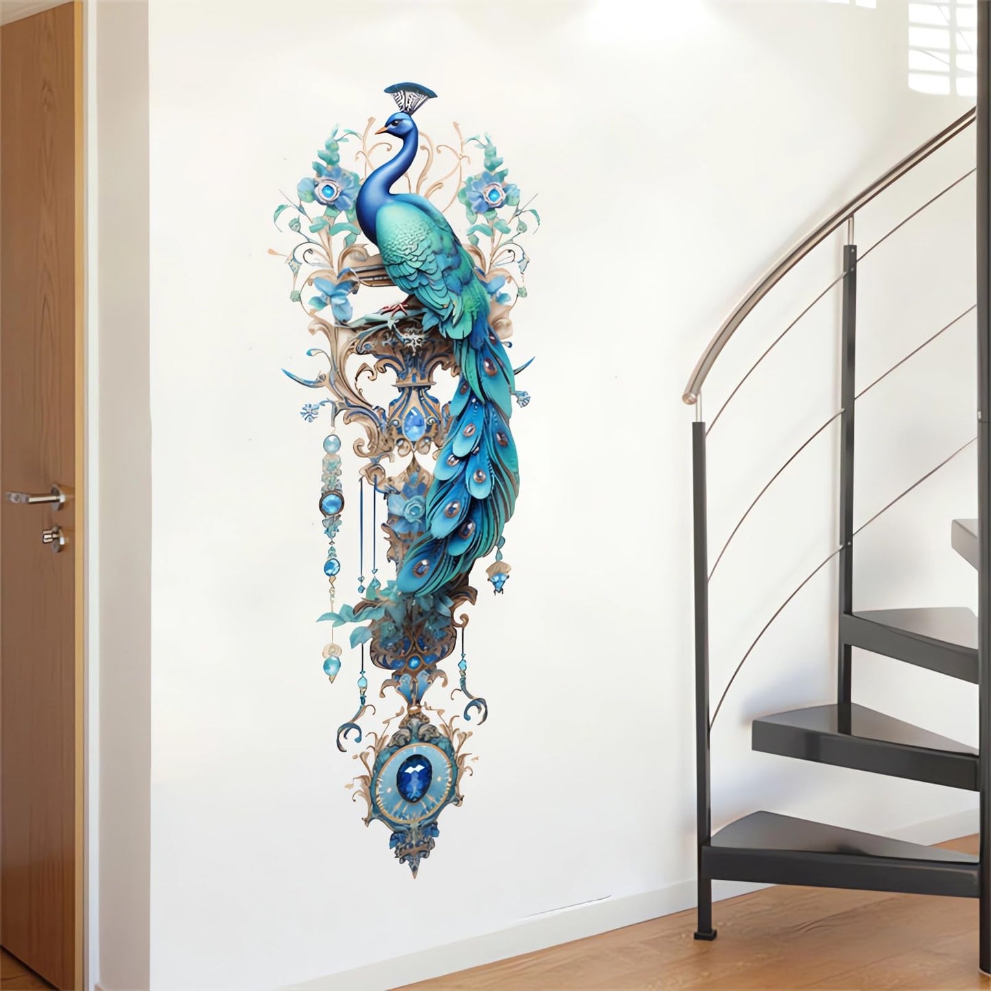 sacinora Gorgeous Blue Peacock Painted Wall Stickers, Peacock Pendant Art Wall Decals Removable Vinyl Peel and Stick for Living Room Bedroom Sofa TV Background Home Decorations