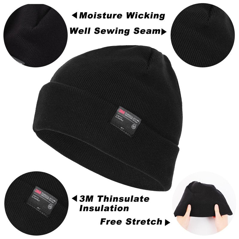 MOREOK Knit Cuffed Beanie Hats for Men Women-3M Thinsulate Winter Snow Ski Warm Skull Hat Cap with Fleece Liner -Black（Small-Large）