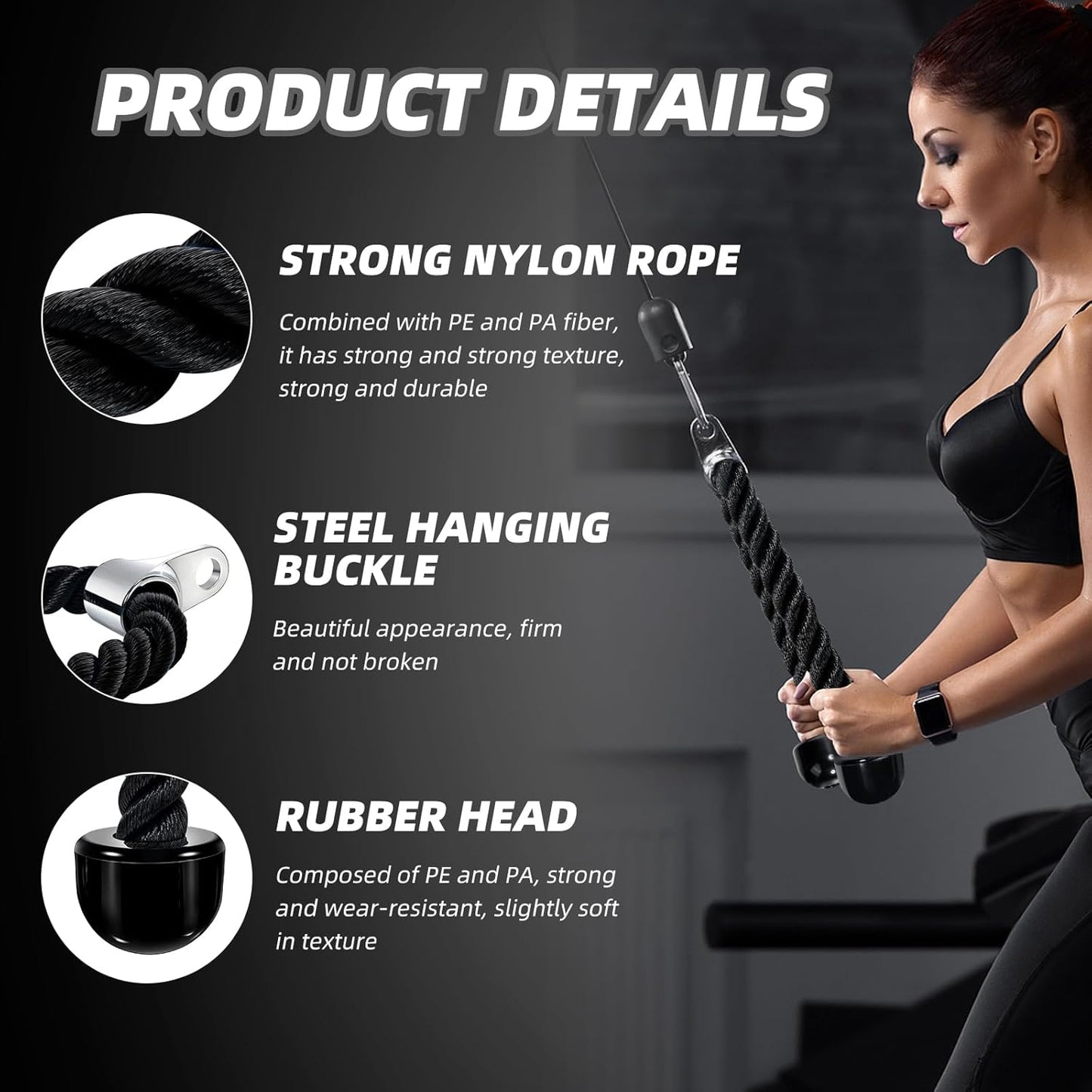 Tchrules Universal Tricep Rope - 27 Inch Heavy Duty Non-Slip Grip for Cable Machine Workouts