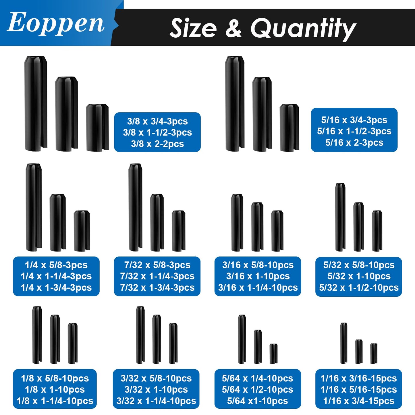 Eoppen 230Pcs SAE Roll Pin Assortment Set - Slotted Spring Pins Steel Split Expansion Pin 10 Sizes 1/16 5/64 3/32 1/8 5/32 3/16 7/32 1/4 5/16 3/8 Inch for Home Improvement Automotive Repair