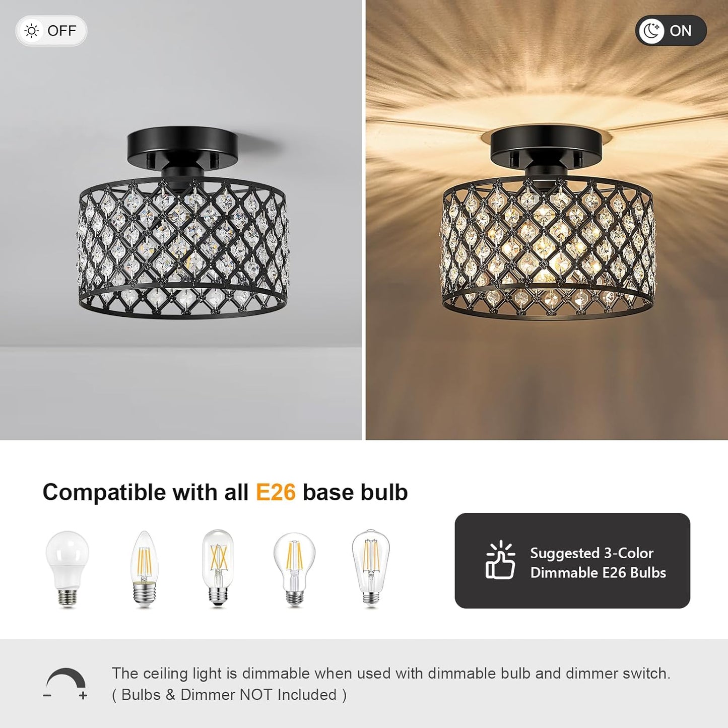 Modern Black Crystal Semi Flush Mount Ceiling Light Fixture - 11.2" Round Chandelier for Dining Room, Hallway, Kitchen & Bedroom