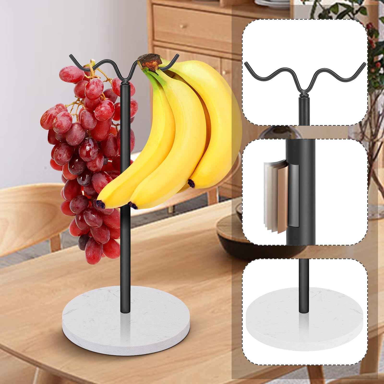 Winmien Double Hooks Standing Banana Holder, Banana Hanger Tree Stand Hook for Kitchen Countertop, Sturdy and Balanced Fruit Shelves with Storage on Both Sides.(Black)