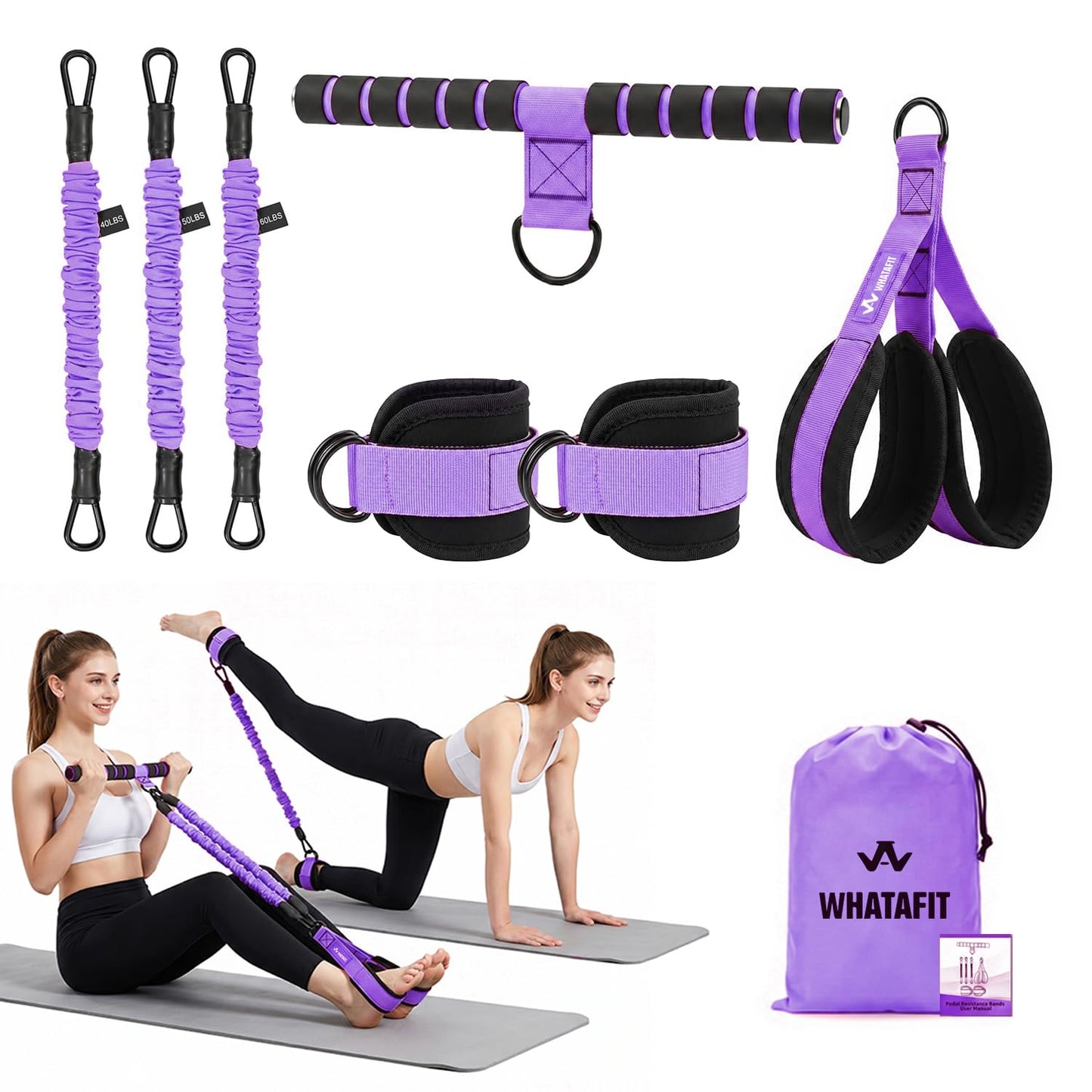 WHATAFIT Upgraded Multifunction Pedal Resistance Band with Handles, 3-Tube Adjustable Foot Pedal Exercise Band, Ankle Straps Included, for Abs Core Leg Arm Waist Full Body Workout Pink Purple