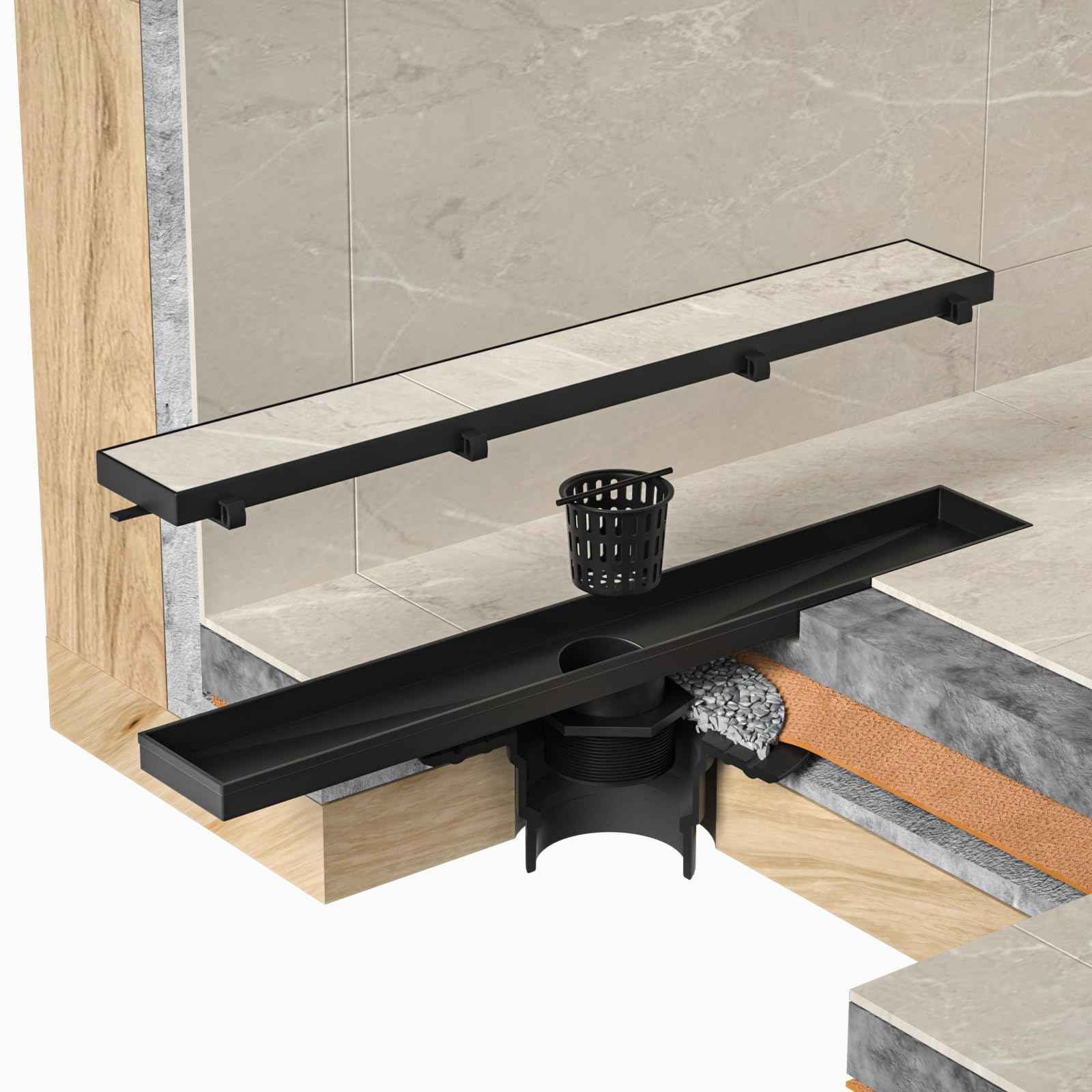 Bochni Linear Shower Drain 24" Matte Black 304 Stainless Steel | Fast Drainage | Tile Inserted | Stainless Floor Drain Grate | Hair Strainer | Drain Key | The Upgrade for Your Bathroom