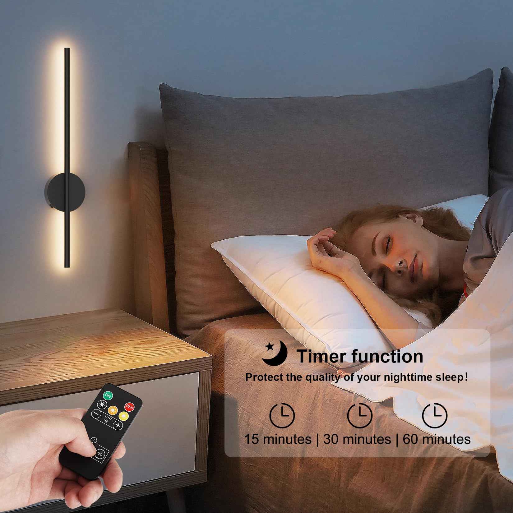 Black Battery Operated Wall Sconces 2 Packs with Remote Control, Dimmable Rechargeable Wall Sconces, 360°Rotate, LED Wireless Stepless Dimming Wall Lights for Living Room, Hallway, Bedroom 23.6 Inch