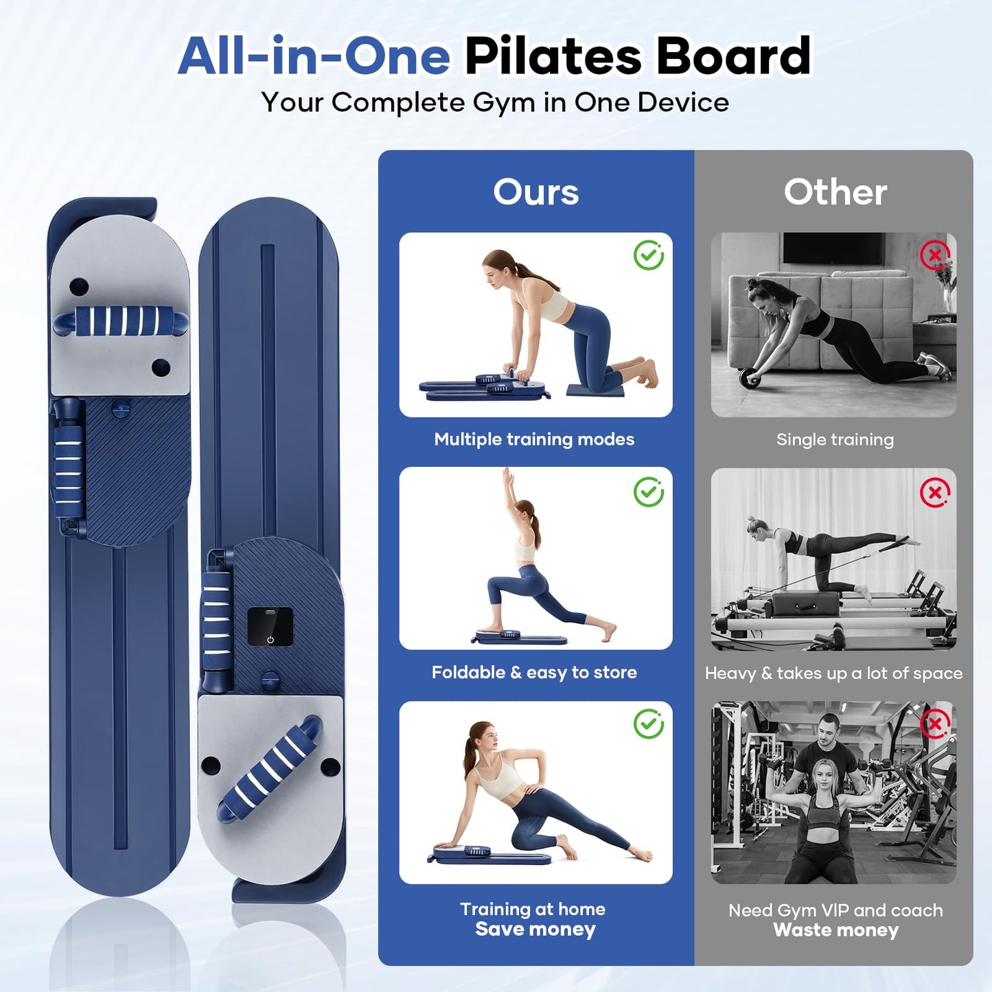 BIOCOR Pilates Reformer Board, 15-in-1 Mini Pilates Machine Set, Multifunctional & Foldable Core Exercise Ab Board, Portable Pilates Board for Home Office Workout Equipment