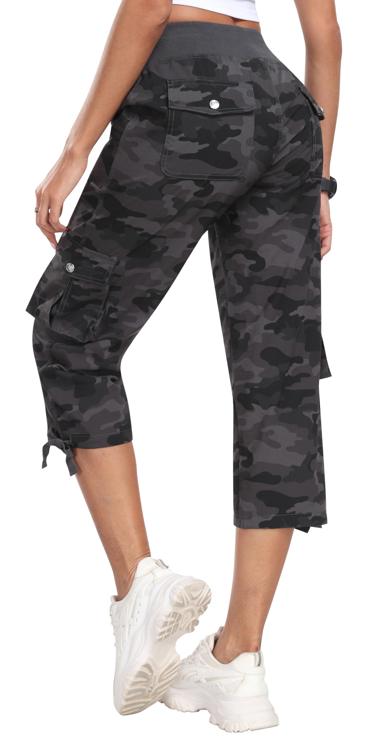 MoFiz Womens Capris with Pockets Loose Fit Casual Capri Pants Dressy Lightweight Ladies Baggy Cargo Pants for Hiking Camo Gray M
