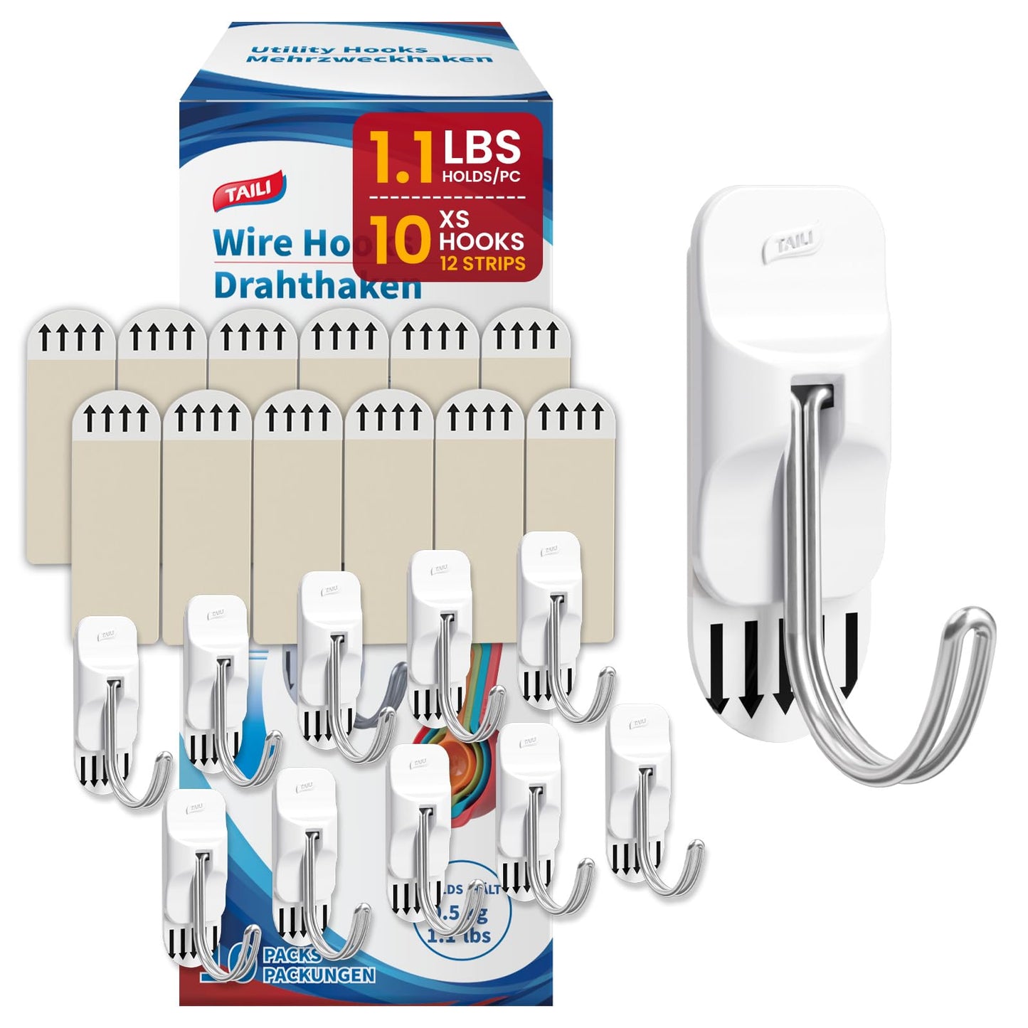 TAILI Damage-Free Hanging Hooks,10 Mini Utility Hooks and 2 Pcs Adhesive Strips, Holds up to 1.1 lb, No Tools Damage-Free Stick on Bathroom or Kitchen for Hanging Decorations,Organization-White