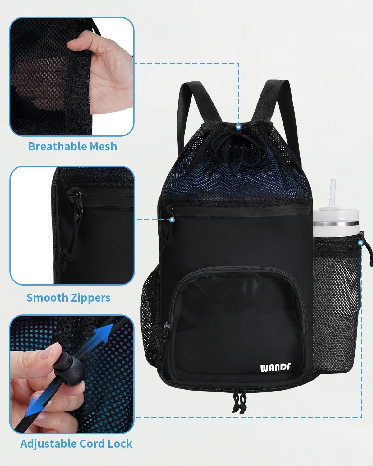 WANDF Swim Bag - Sandproof Beach Backpack with Wet Pockets & 40oz Tumbler Holder | Black