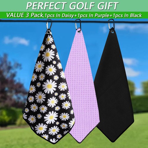 FINGER TEN Golf Towel Microfiber Waffle Towels for Golf Bags for Men Women with Clip 15.7’’X15.7’’ Set in Gray Black Blue Purple (Daisy&Black&Purple, 15.7L x 15.7W)