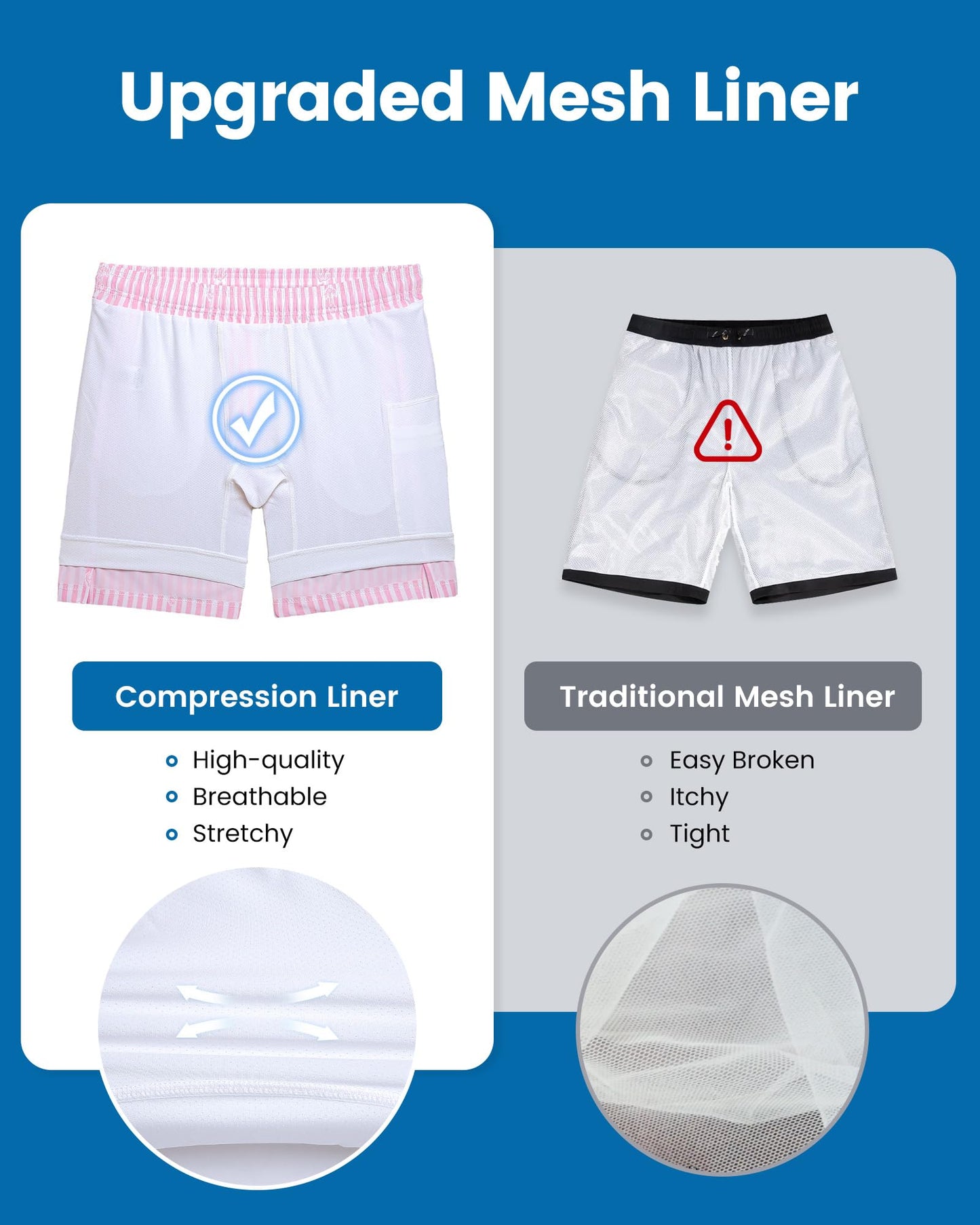 maamgic Mens Swim Trunks with Compression Liner 7 Inch Inseam Mens Bathing Suit Quick Dry Swimming Trunks Swimsuit Stripe Pink and White X-Large
