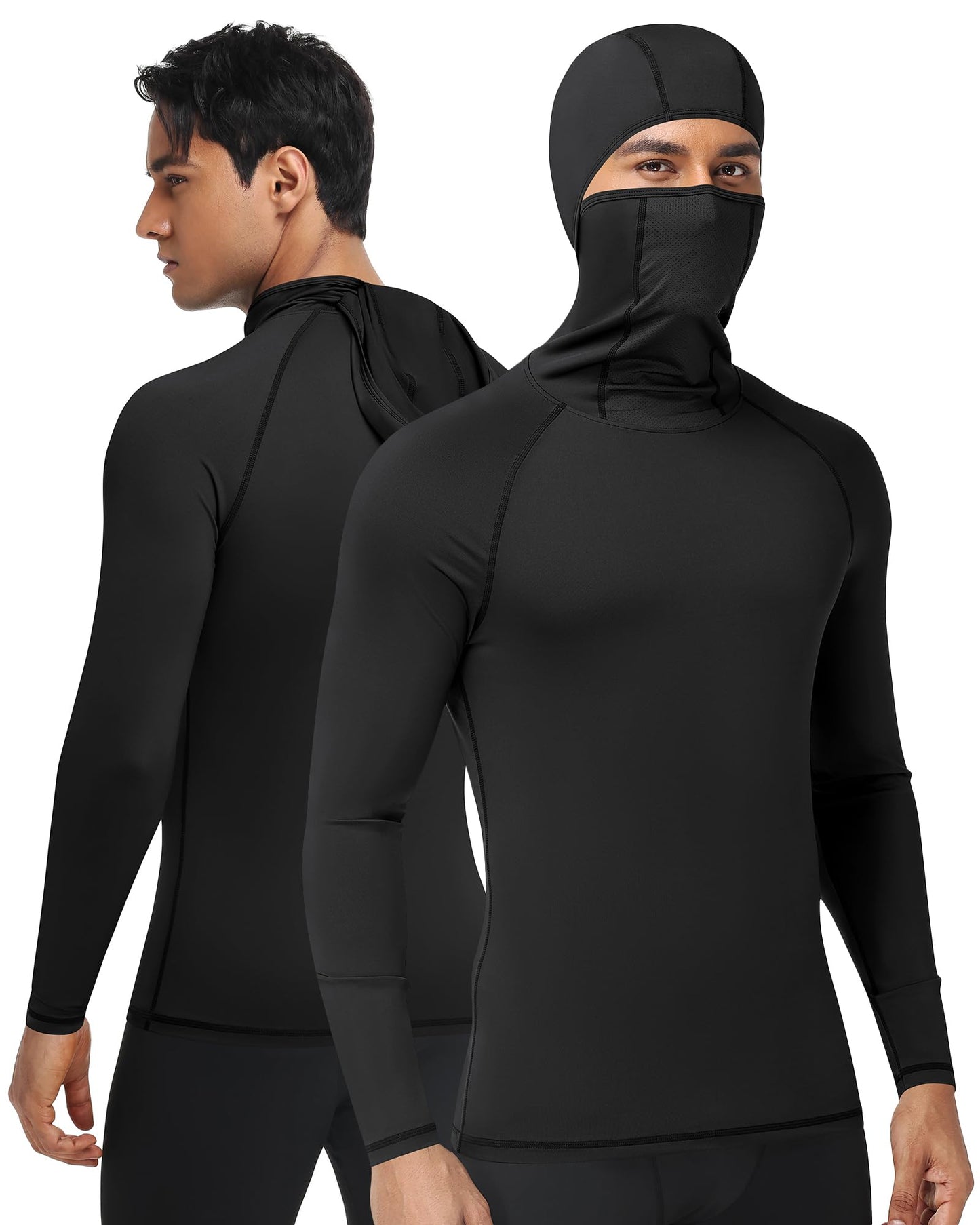 Runhit Thermal Compression Shirts for Men Long Sleeve Hoodie with Mask Running Base Layer Top Breathable Workout Sports Undershirts Black L