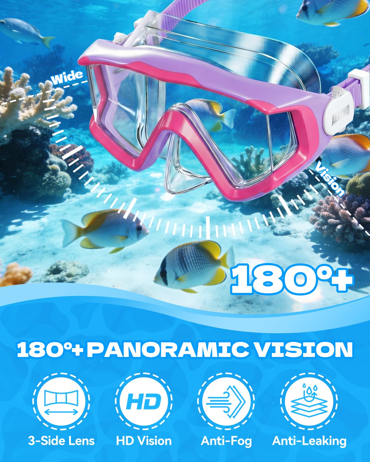 Aegend Snorkeling Gear Set for Kids - Anti-Fog Diving Mask, Adjustable Fins & Dry Snorkel, Full Snorkel Kit for Youth Swimming & Diving (Ages 5-15) (Purple, XS)