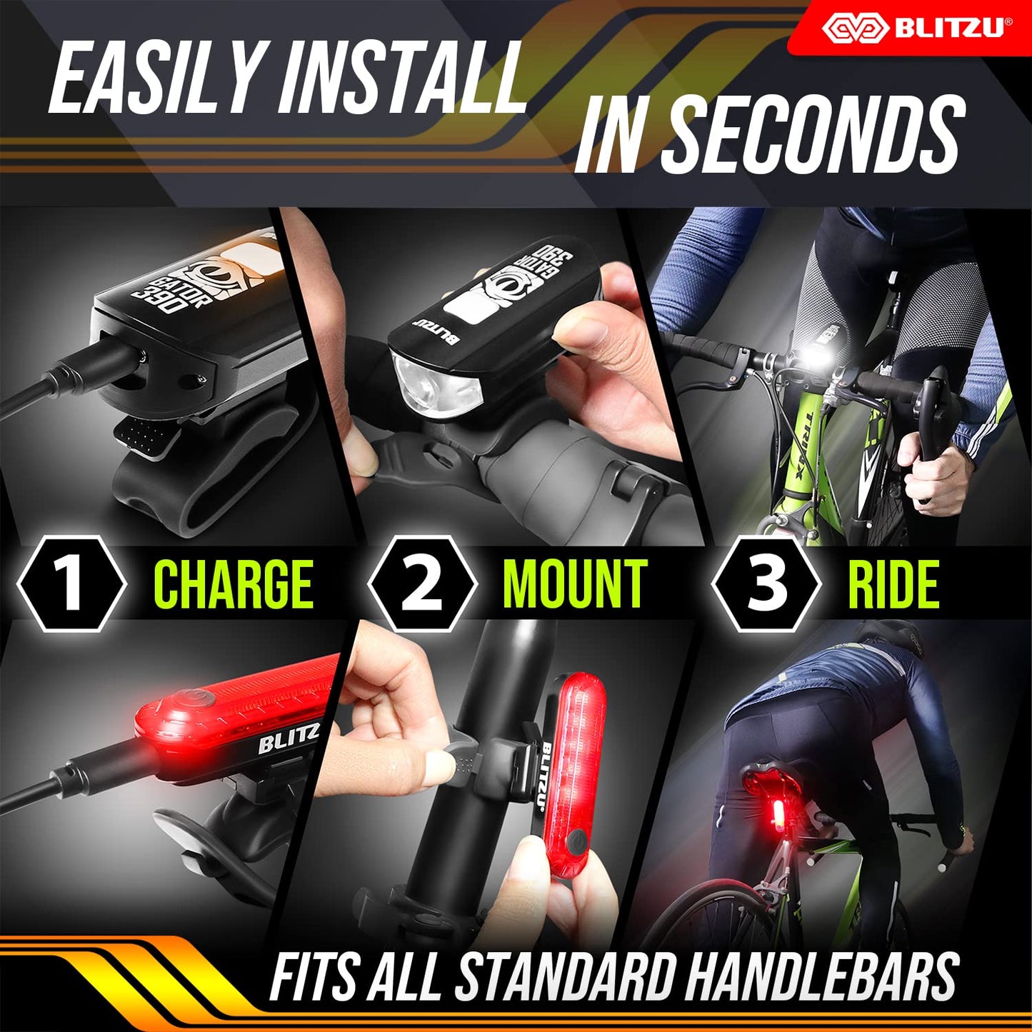 Bike Lights for Night Riding, Super Bright Bicycle Reflectors, USB Rechargeable Bike Lights Front and Back, Water-Resistant, 4+5 Modes Headlight Taillight Set for Safety, Men, Women & Kids Gator 390