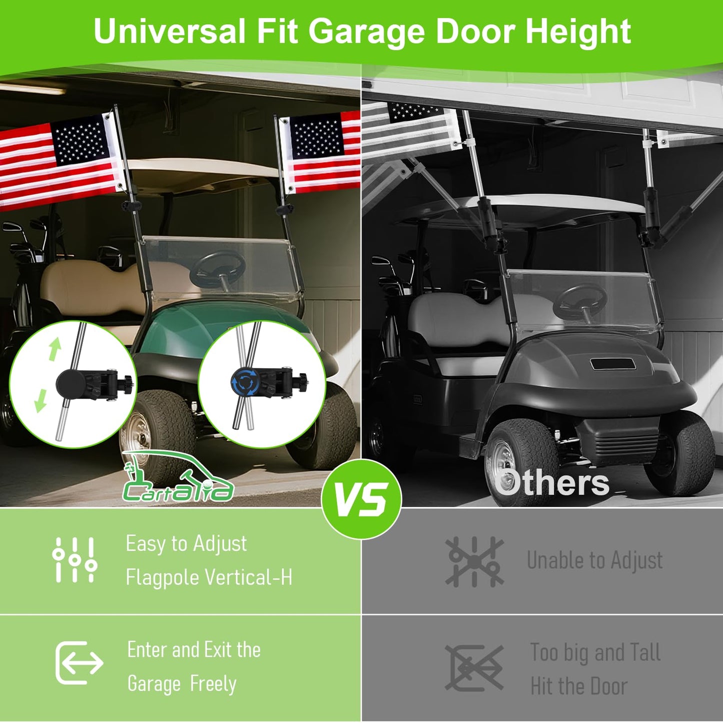 Cartalia Golf Cart Adjustable Flag Holder 2Pcs, Universal Flagpole for EZGO Club Car Yamaha, Flag Bracket for 0.59-1.18" Round/Oval Square Rails Push Cart, UTV, ATV, Included USA Flags (12"×18")