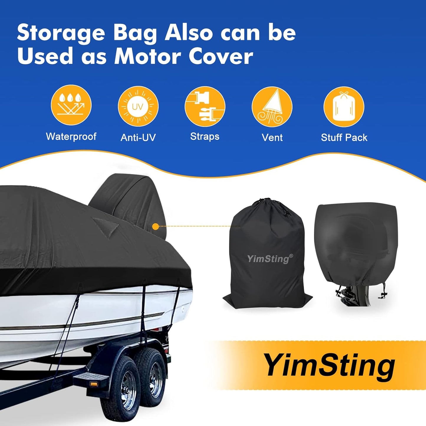 1200D Waterproof Boat Cover - Heavy Duty Protection for 16' to 18.5' Bass & V-Hull Boats - Black