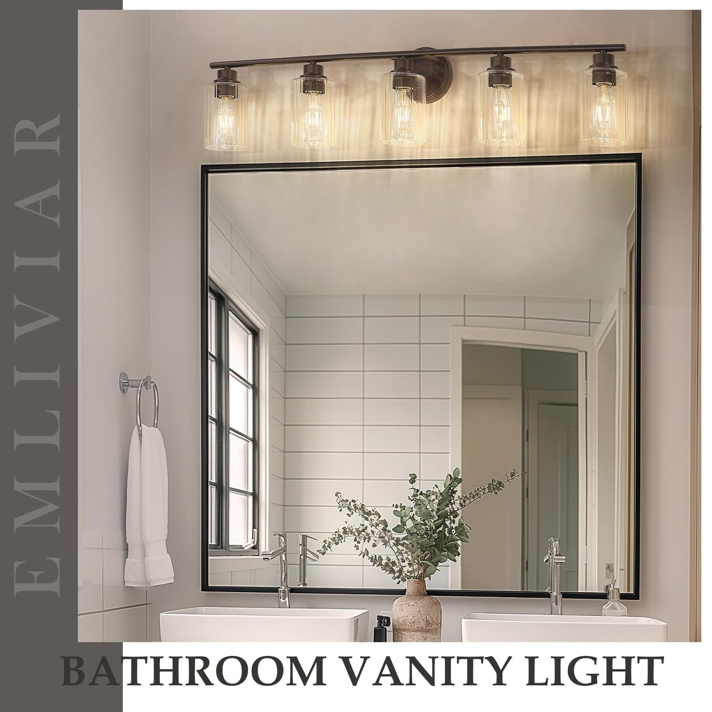 Emliviar Rustic Vanity Light Fixture with Fluted Ripple Glass, 5-Light Bathroom Lights Over Mirror 40 Inch, Oil Rubbed Bronze Finish, YE295B-5W ORB