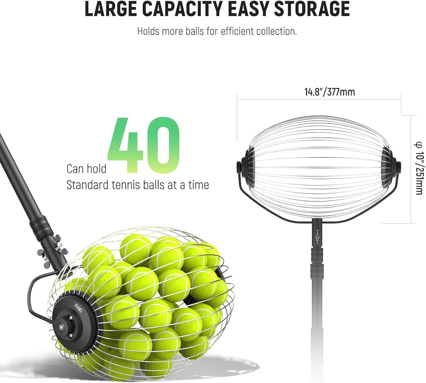 NEEWER Tennis Ball Pickleball Collector Roller, No Bending Over Quick Rolling Picker for 1.5"-3" Balls, 30-58"/77-148cm Telescopic Golf Ball Retriever for Up to 40 Tennis Balls, TB01S