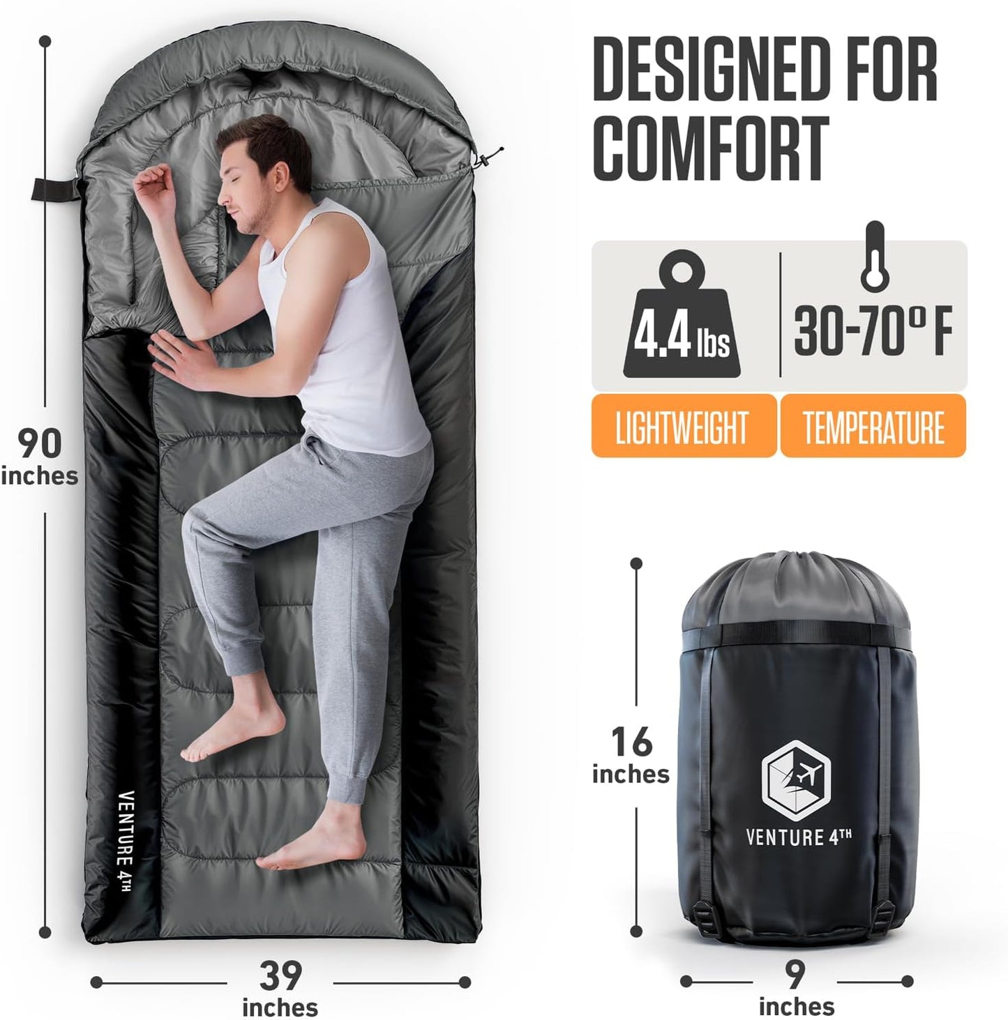 VENTURE 4TH Sleeping Bag - Lightweight & Warm for Adults, Kids & Couples | XXL Size for Hiking & Camping