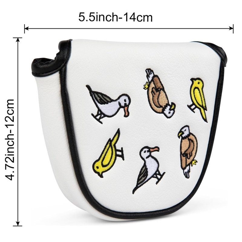 e9 golf Fore the Birds Round Mallet Putter Cover - Synthetic Leather Golf Mallet Putter Headcover - Men & Women Golf Mallet Putter Covers Accessories - Universal Fit Putter Cover - (White)