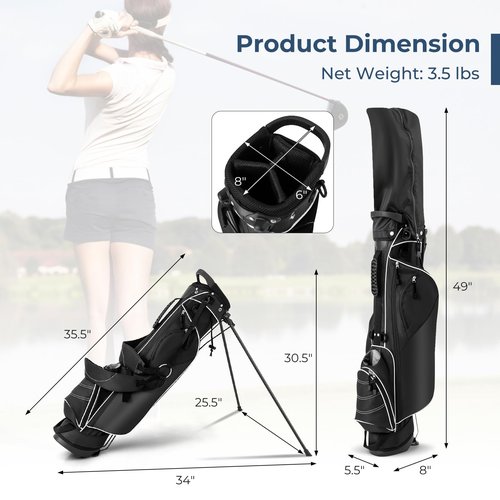 GYMAX Golf Stand Bag, 4 Way Divider Golf Bag with 4 Zippered Pockets, Cooler Bag, Rain Hood & Padded Shoulder Strap, Lightweight Portable Pitch n Putt Golf Clubs Bag for Men/Women (Black)