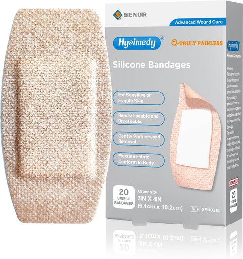 Hysimedy Silicone Adhesive Bandages - Large 2"x4" | Hypoallergenic, Flexible, Latex-Free for Sensitive Skin - 20 Count