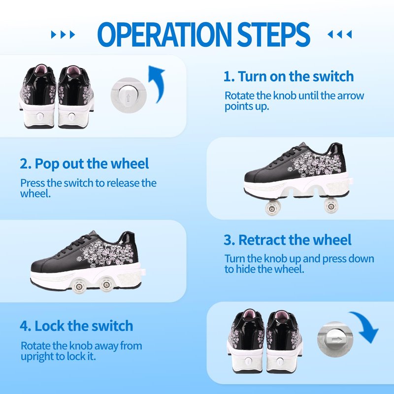 Roller Skate Shoes for Girls, Kids, Women, Men,Double-Row Skating Shoes,Retractable Wheels Sneakers,Adjustable Parkour Roller Skates,Deformation Sneakers Outdoor (Hhua, 9 Women/8 Men)