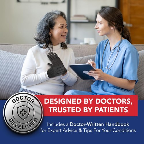 Doctor Developed Arthritis Gloves, Full Finger Compression Gloves for Raynauds, Compression Gloves for Arthritis for Women & Men With Doctor Handbook (full-length, M, Grey)