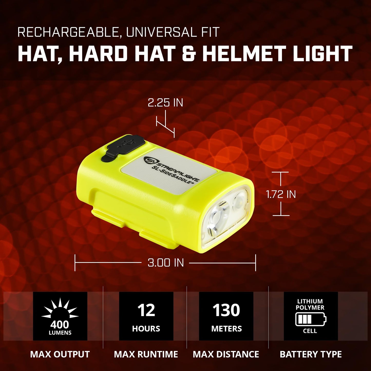 Streamlight 61631 SL-Sidesaddle 400-Lumen USB Rechargeable Hands-Free Universal Hard Hat, Helmet, and Headgear LED Light with Mount Kit, Rechargeable Battery, USB-C Cable, Yellow