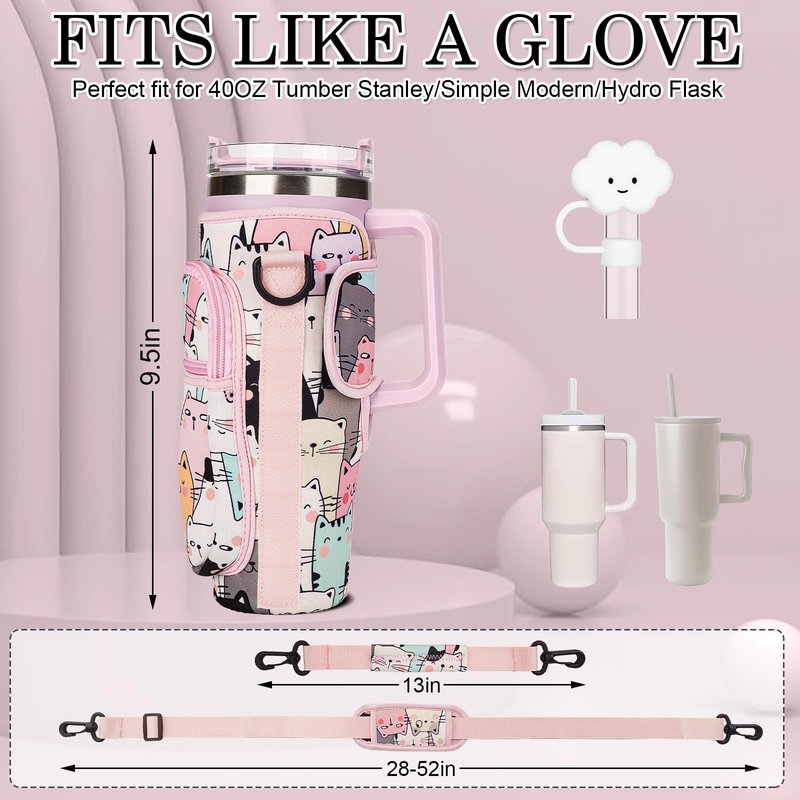 Water Bottle Holder Carrier Bag with Large Phone Pocket,Neoprene Water Bottle Carrier with Strap for Stanley 40 OZ Tumbler, Wrap Around Drink Purse Cup Holder with Straw Cover Accessories