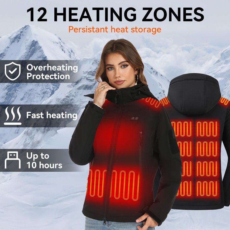 VENTROLLO Womens Heated Jacket with 16000 mAh Battery, 12 Heating Zones, Water-Resistant Windproof Soft Shell Heated Coat Winter Heating Jacket for Women XXL