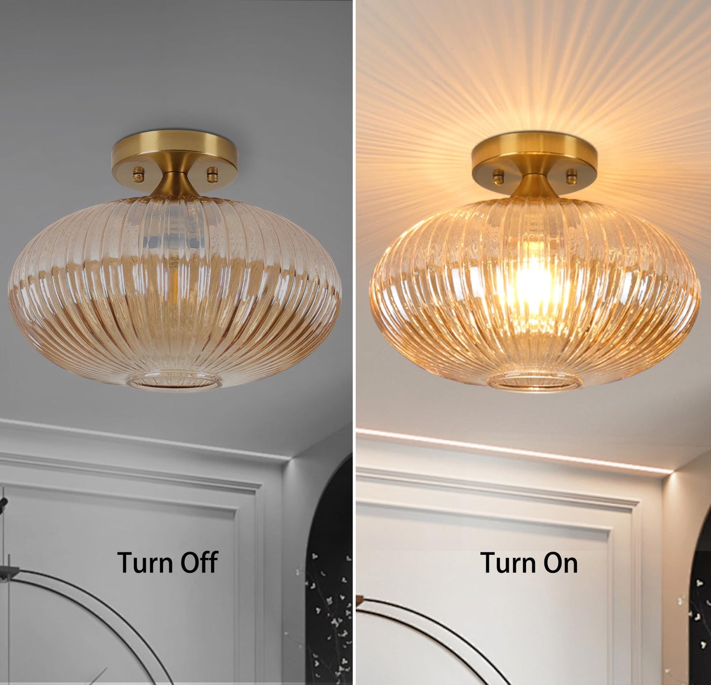 JERANDO Gold Semi Flush Mount Ceiling Lights, Vintage Globe Glass Hallway Light Fixtures, 11.8" Amber Glass Ceiling Lighting E26 Base Indoor Lamp for Closet, Hallway, Kitchen, Dining Room