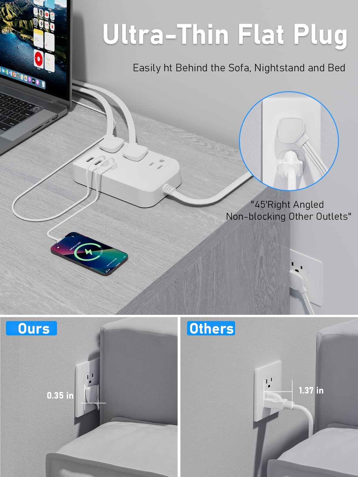 Power Strip-6FT Extension Cord Flat Wall Plug,3 Outlets 2 USB,2 USB-C,PD20W Charging Ports,Electrical Outlet,Flat Plug Power Strip,Outlet Extender,Cruise Ship Essentials for Home Dorm Room Essentials