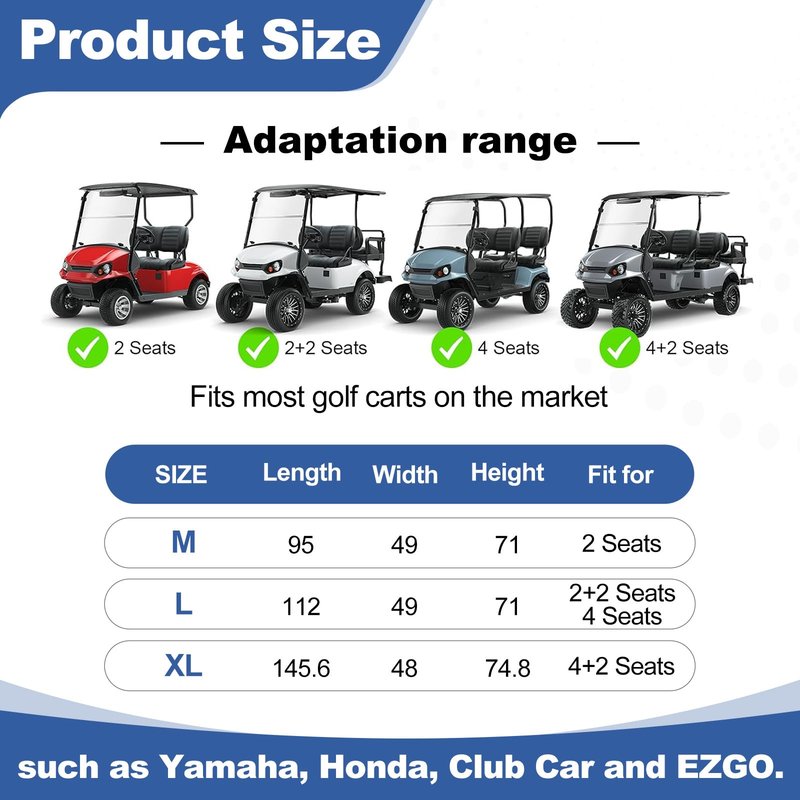 QUNSUNUS Waterproof Golf Cart Cover 2/4/4+2 Passenger, Universal Fit for Yamaha, Honda, Club Car, EZGO and Most Brands, Heavy Duty 6 Seater Golf Cart Cover with Zipper and Straps