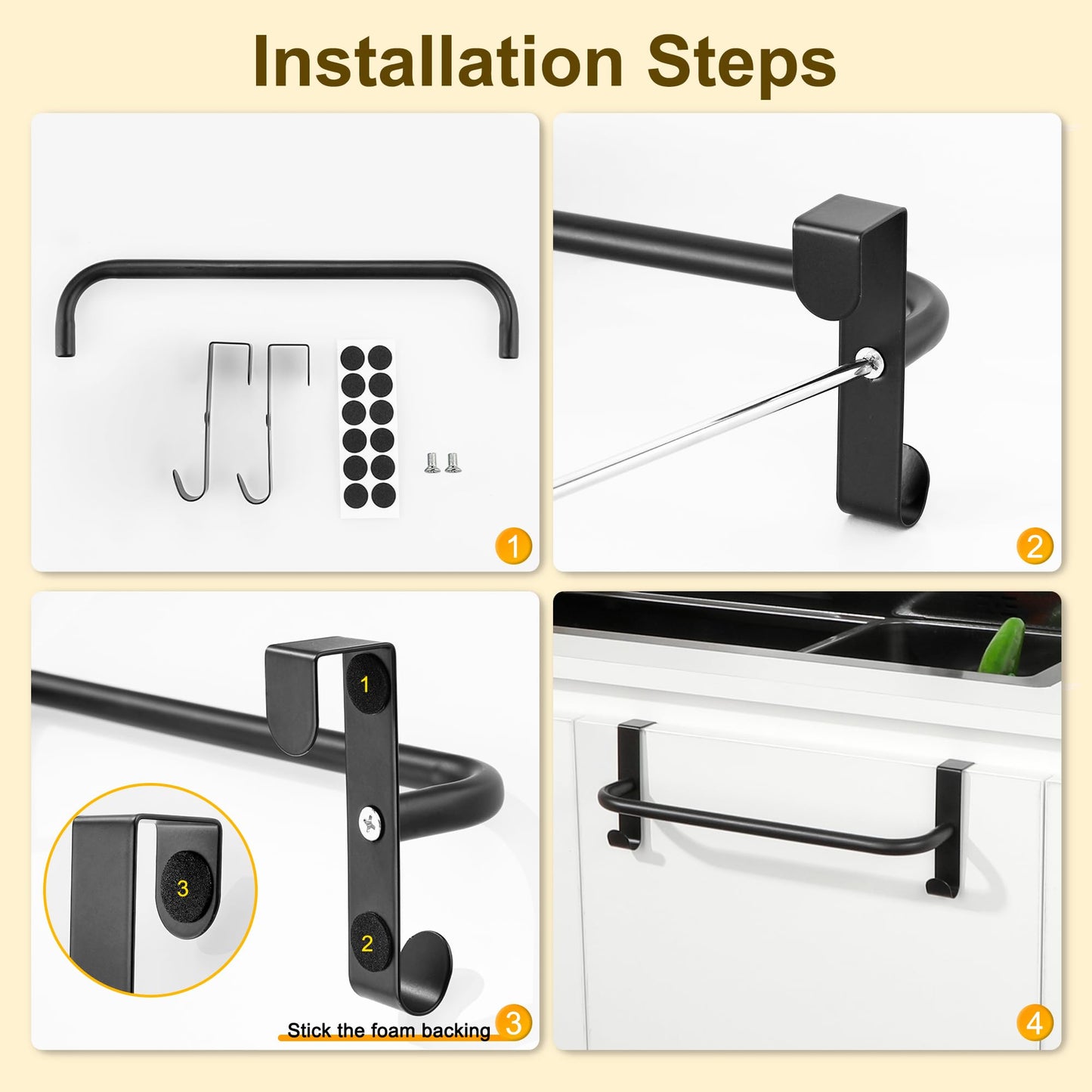 SAYAYO Over Cabinet Towel Bar Black, 10 Inch Kitchen Towel Holder with 2 Hooks, Over The Cupboard Door Dish Towel Rack, 2 Pcs