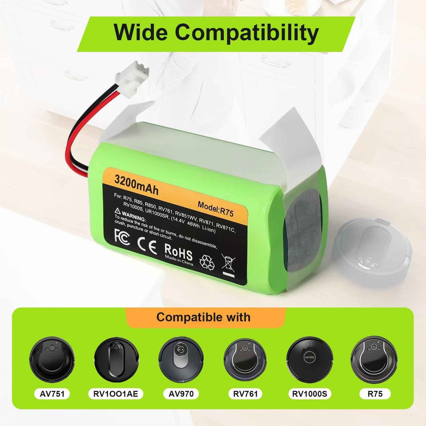 Topwowe Replacement RVBAT850 Battery (3200mAh, 2-Prong Connector) Compatible with Shark Ion R75, R85, RV761, RV850C, RV1000S, RV700_N, RV720_N, UR1000SR (1 Pack)