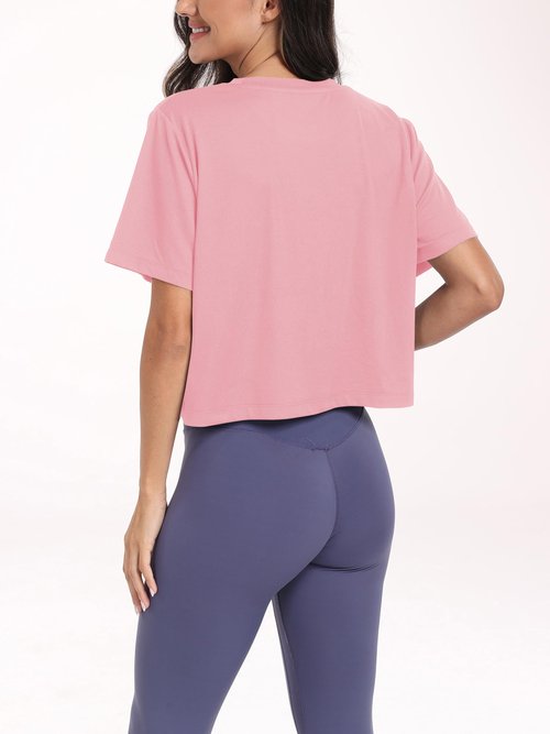 KevaMolly Pink Workout Crop Tops for Women Loose Fit UPF50+ Breathable Yoga T Shirts Running Athletic Cropped Workout Tops S