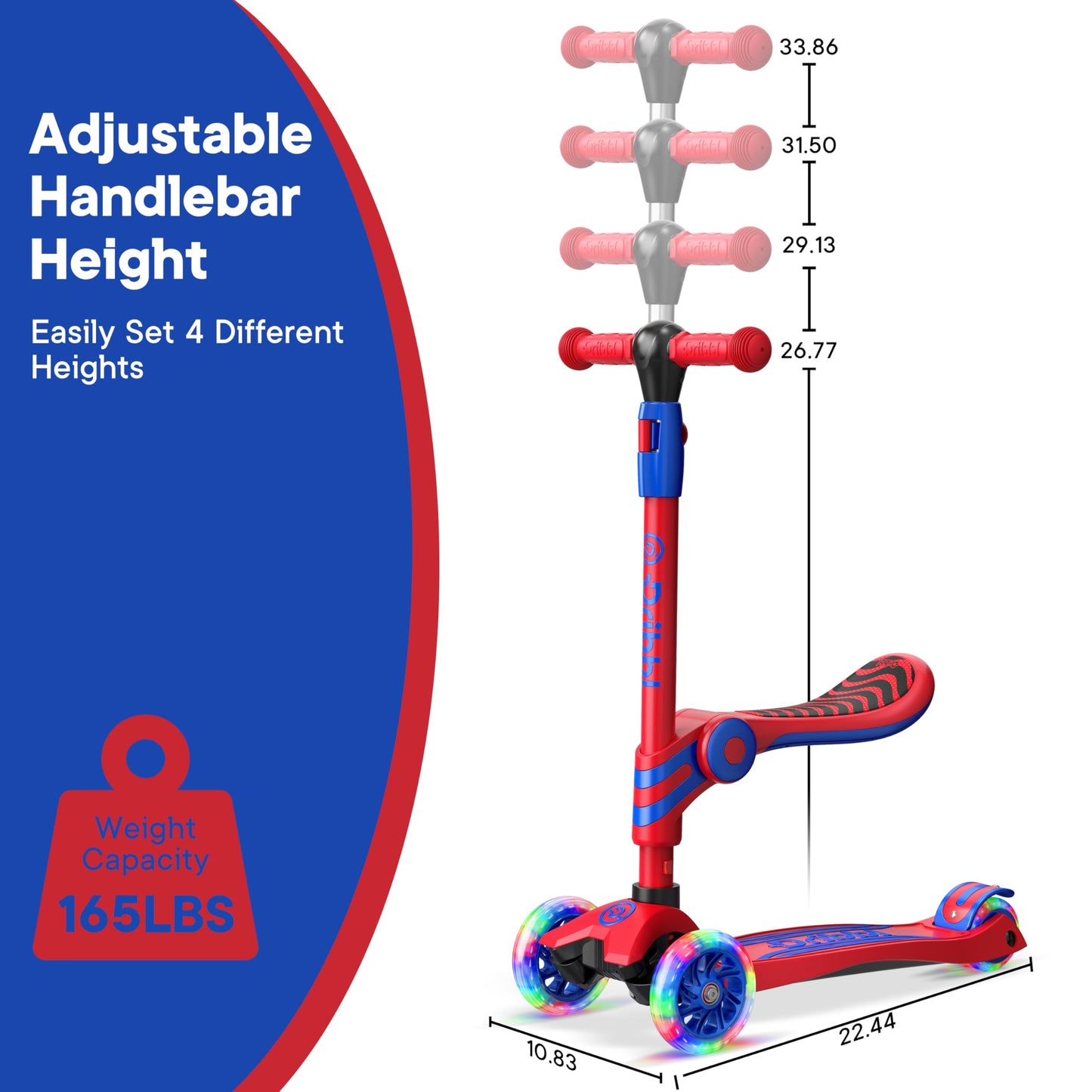 Red and Blue 3 Wheel Scooter with Seat for Kids, Light-Up Wheels, Adjustable Lean to Steer Handlebar and Seat, Smooth Wheels, Wide No-Slip Deck, Rear Foot Brake, Toddler Outdoor Toys for Ages 2+